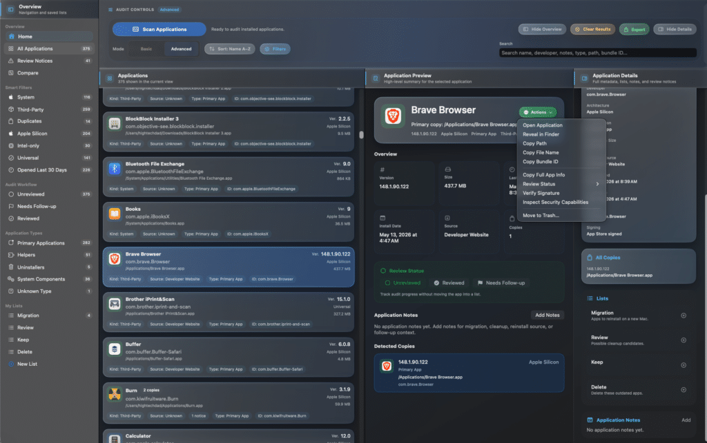 AppAudit Pro - Lists, Actions, Notes