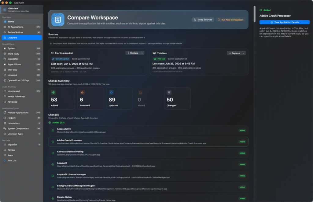 AppAudit Pro - compare workspaces