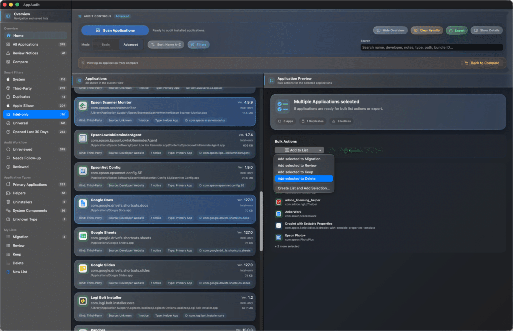 AppAudit Pro - Multi-select Applications & New List