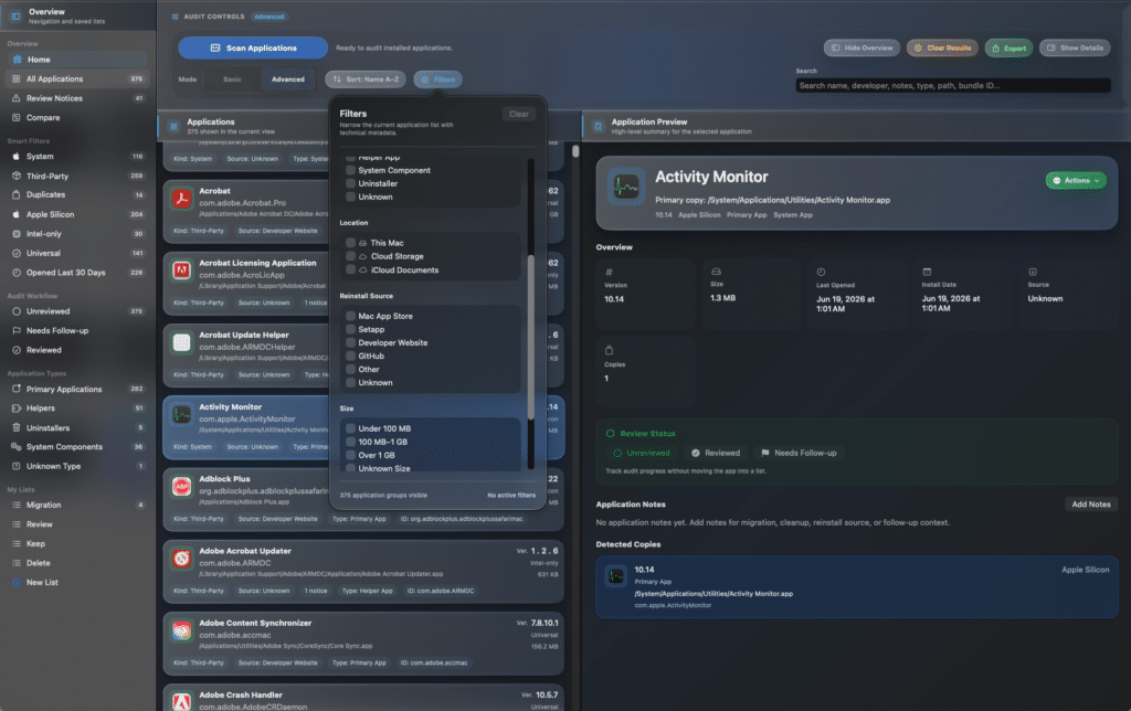 AppAudit Pro - filters
