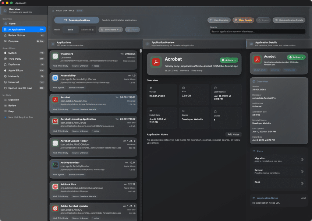 AppAudit Basic - Application inventory details