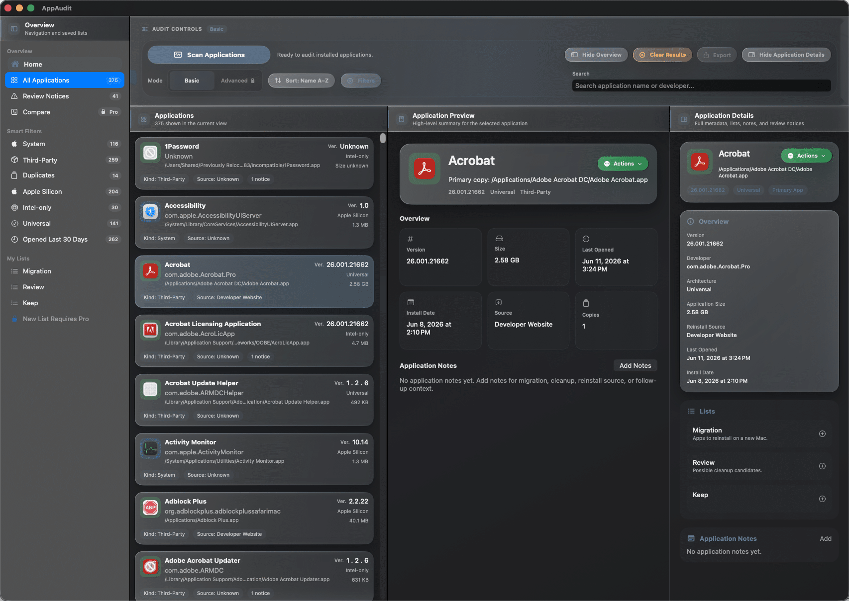 AppAudit Basic - Application inventory details