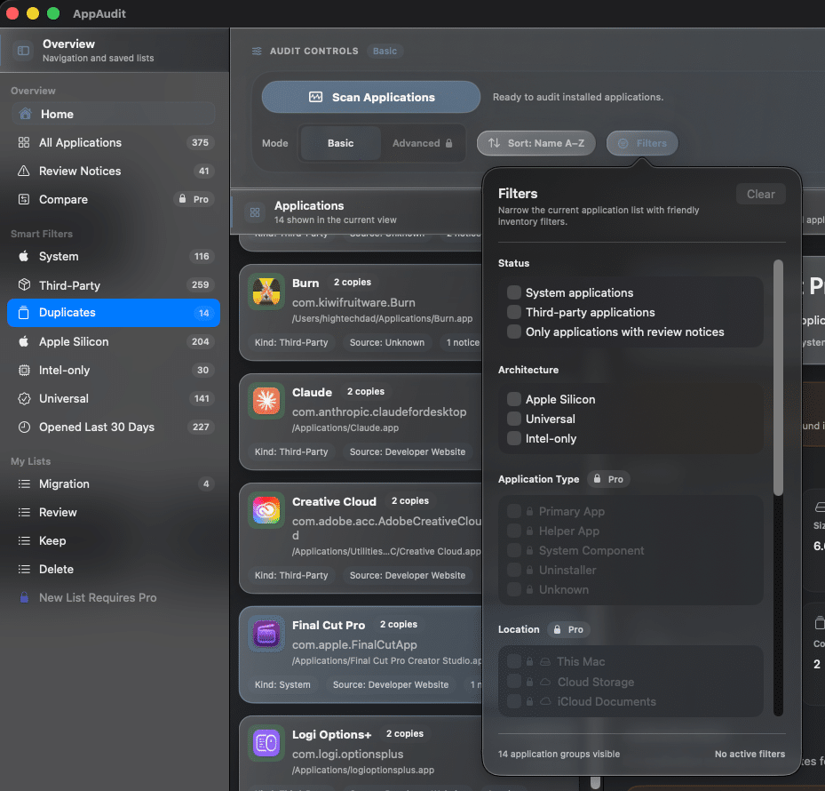 AppAudit Basic - Filters
