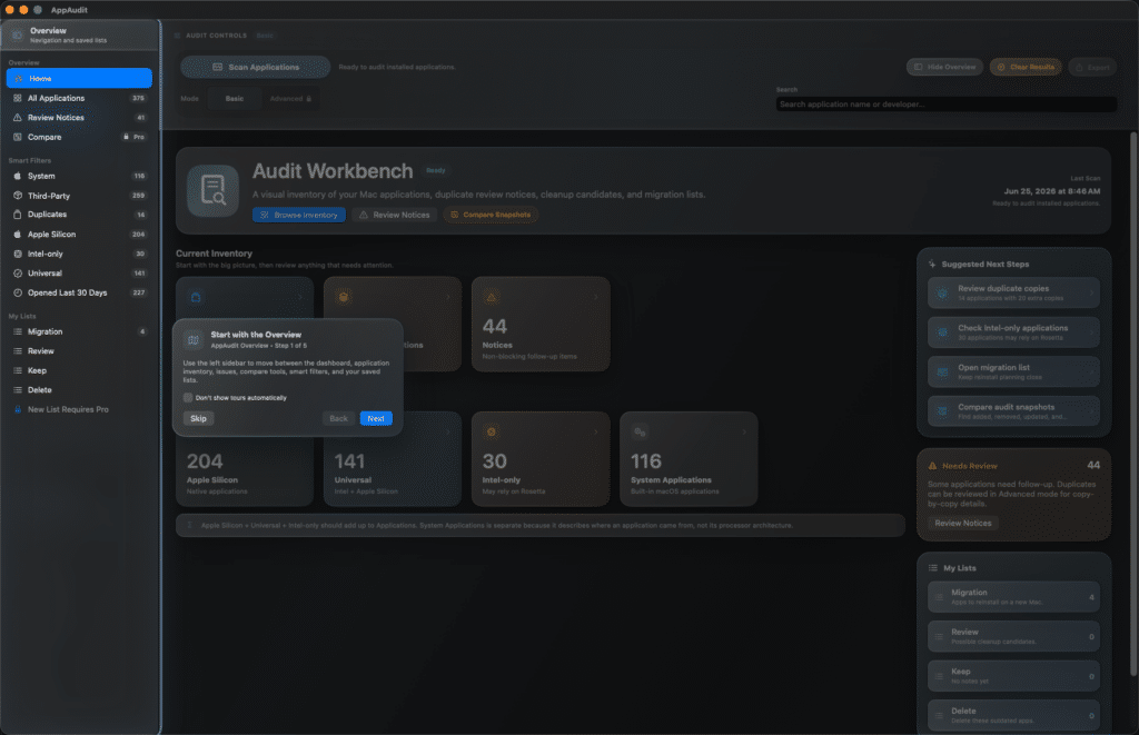 AppAudit - application tour and help