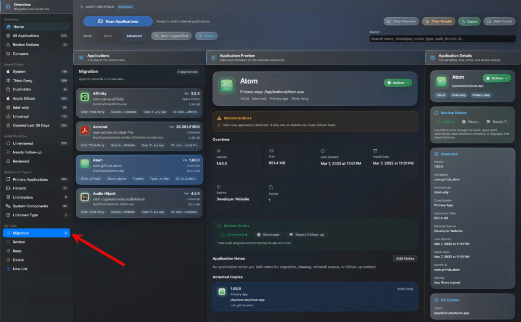 AppAudit Pro - personal lists